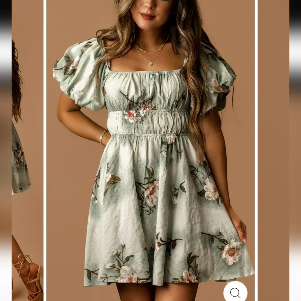 HYFVE Sage Floral Magnolia Puff Sleeve Mini Dress Garden Party Sz Large - Picture 1 of 7